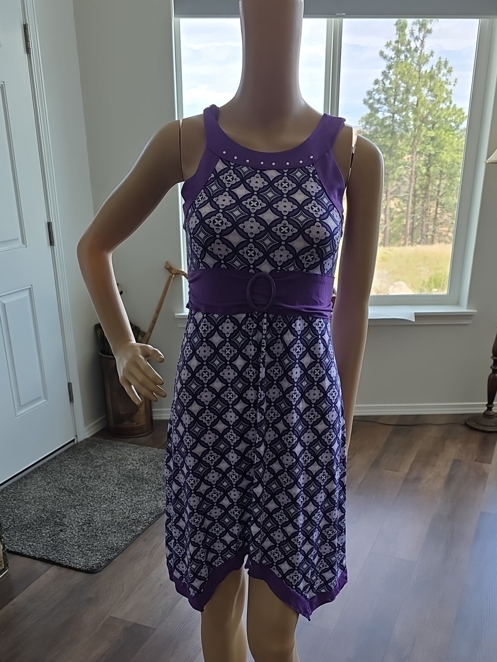Basic Editions Purple Geometric Sleeveless Belted Midi Dress